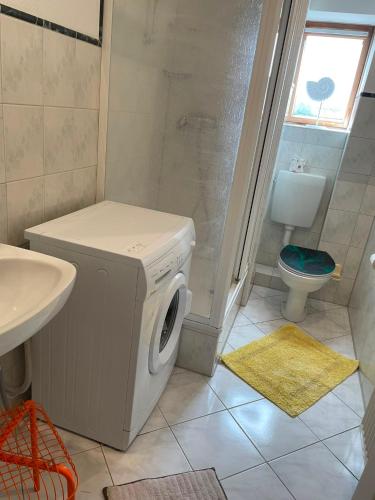 a bathroom with a washing machine and a toilet at FeWo Möwennest in Warnemünde