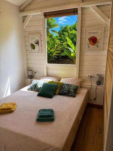 a bed in a small room with a window at Kaz'Arawak in Sainte-Rose
