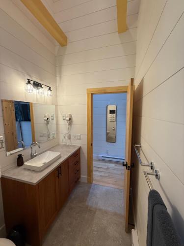 a bathroom with a sink and a blue door at Dock 124 - Adults Only, Waterfront B&B in Tobermory
