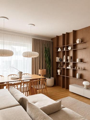 a living room with a table and a dining room at oto harmonia in Rąbinek
