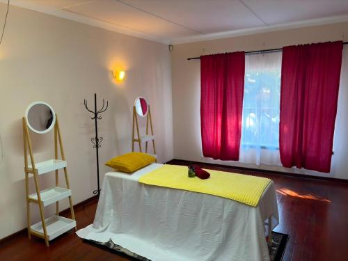 a bedroom with a bed and a window with red curtains at Nikkita Wellness Spa in Pretoria