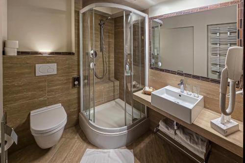 a bathroom with a toilet and a shower and a sink at Hotel Tumski in Płock