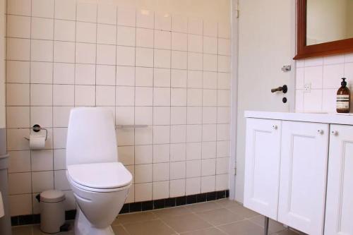 a white bathroom with a toilet and a sink at The Lodge in Borre