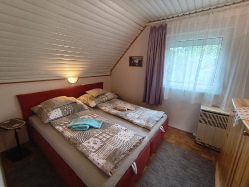 a bedroom with a bed in a room with a window at Alina vendégház in Mezőkövesd