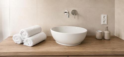 a bathroom with a bowl sink and towels on a counter at Ferienhaus Elbdeichblick 2 in Haselau