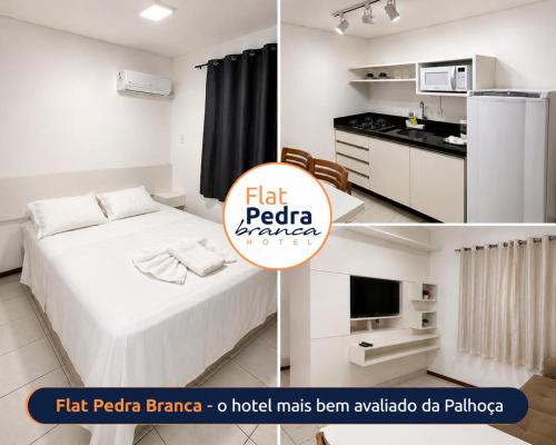 two pictures of a bedroom with a bed and a kitchen at Flat Pedra Branca Hotel in Palhoça