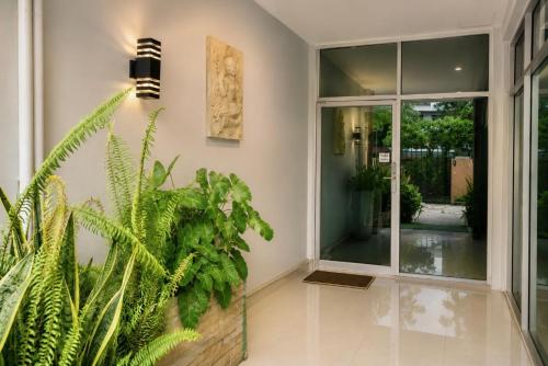 a hallway with green plants and a large window at Sunny Beach Residence in Jomtien Beach