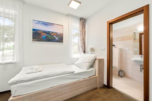 a room with a bed and a bathroom with a shower at Apartmány Star Lipno - Self Check-in in Lipno nad Vltavou