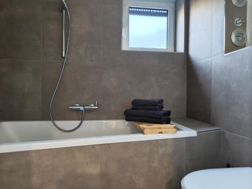 a bathroom with a bath tub with a shower at Pfälzer Auszeit in Heuchelheim-Klingen