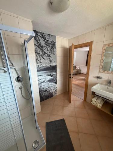 a bathroom with a shower and a sink at Peatr Seppa Hof in Nauders