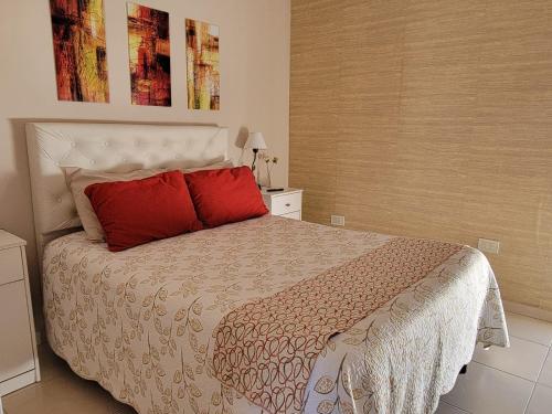 a bedroom with a bed with two red pillows at Lucipri CyN in Arroyito