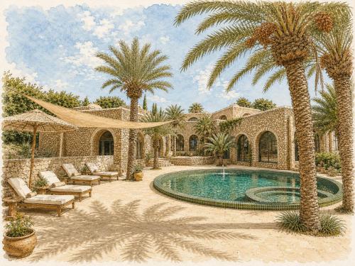 a drawing of a house with a swimming pool and palm trees at Le Jardin des Douars in Ghazoua