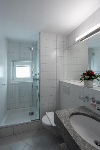 a bathroom with a shower and a toilet and a sink at Hotel Restaurant Alte Brauerei in Celerina