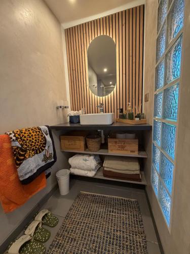 a bathroom with a sink and a mirror and a rug at Gîte d'exception pour 2 personnes in Mietesheim