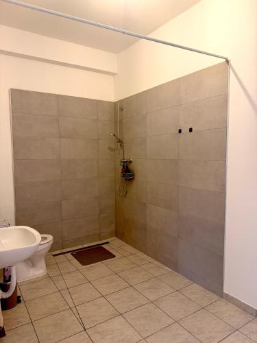 a bathroom with a shower with a toilet and a sink at Apartments Chloe - Top 3 in Hollabrunn