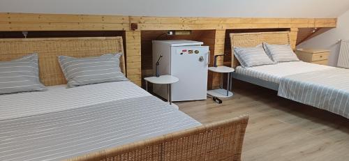 a room with two beds and a refrigerator in it at Casa Marinela in Baile Felix