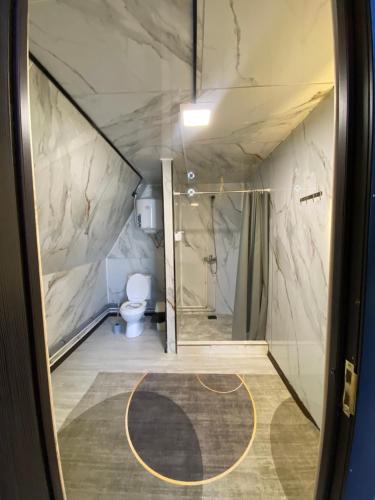 a bathroom with a shower and a toilet at Baet Home in Bayetovka