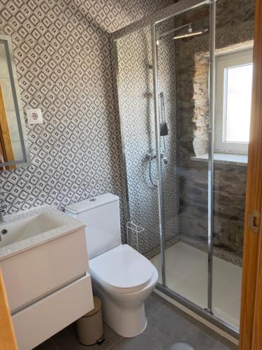 a bathroom with a toilet and a glass shower at A casa do Avô Cruzes in Cerejais