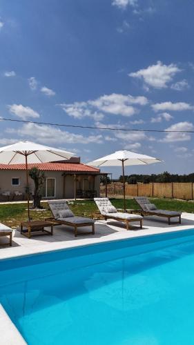 a swimming pool with lounge chairs and umbrellas at Monte do Raposo Country House in Monte da Pedra Alva