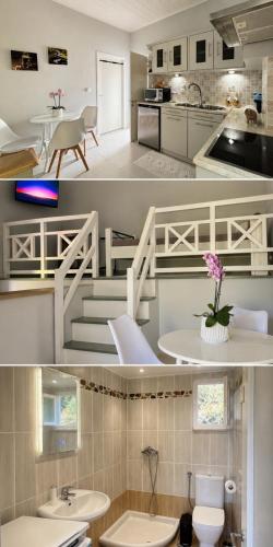 two pictures of a bathroom with a sink and a kitchen at Folini House in Magaziá