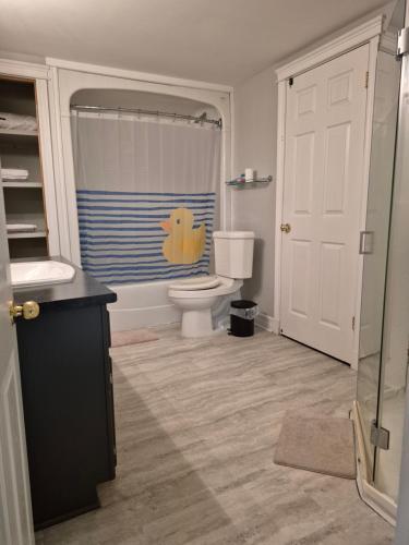 a bathroom with a toilet and a shower and a sink at Comfortable stay - 2-bedroom apartment in Saint John