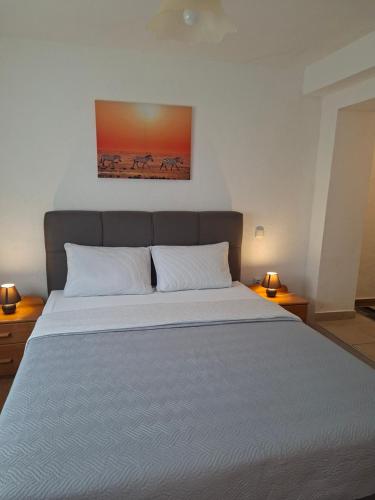 a bedroom with a large white bed with two lamps at Guest House Olbina in Korenica