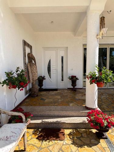a hallway of a house with a door and flowers at Hostel Calao in Shkodër