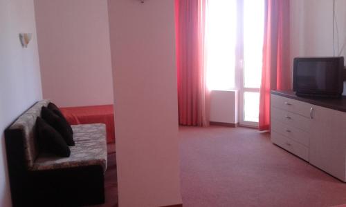 a living room with a chair and a television at Hotel Bellisimo in Lozenets