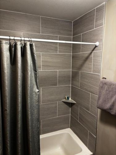 a bathroom with a shower curtain and a sink at The Welcome Home in Topeka