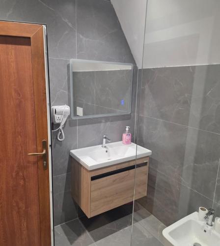 a bathroom with a sink and a mirror at Mrizi i Drinit in Arrëz