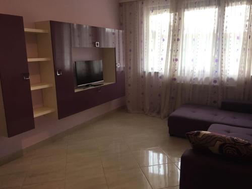 sala de estar con TV y sofá en KM 0 Residence, en Piatra Neamţ