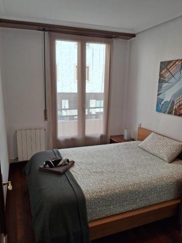 a bedroom with a bed and a large window at Apartamento Gernika in Guernica y Luno