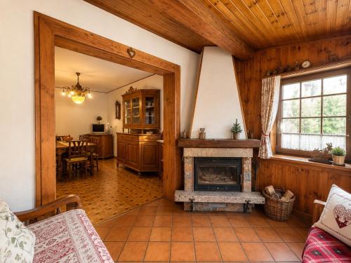 a living room with a fireplace and a dining room at Zoncolan Mountain Lodge - Ride & Ski in Timau