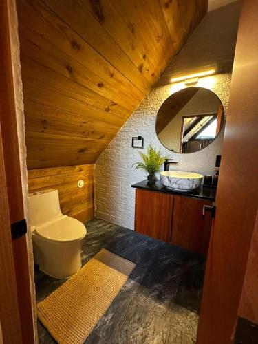 a bathroom with a toilet and a sink at Alpine River Cabin with direct access to the river in Río Arriba