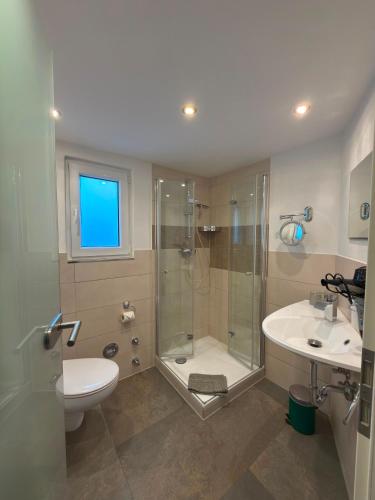 a bathroom with a shower and a toilet and a sink at klimatisiertes, gemütliches Ferienhaus in Koblenz