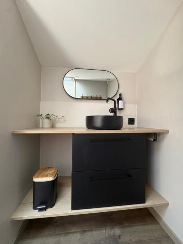 a bathroom with a sink and a mirror at Chambre K-arole in Pouzauges