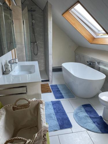 a bathroom with a sink and a tub and a toilet at Le balcon in Beaumont-le-Hareng