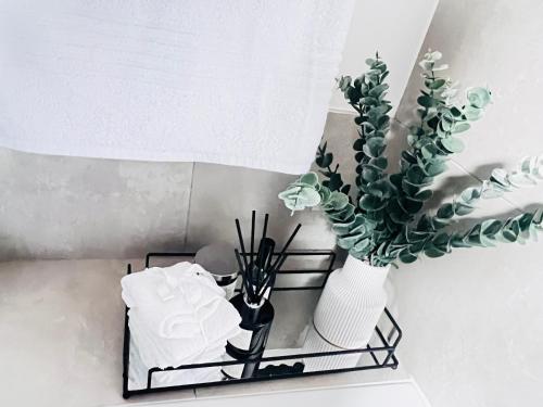 a shelf with two vases and a plant on it at The cozy garden suites in Sandton