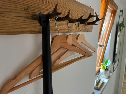 a rack of deer antler hangers in a room at Fewo Kleine Gasse, super Zentral, Privat Parkplatz, in Ruhla
