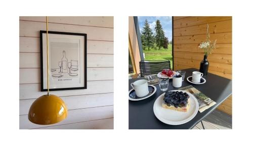 two pictures of a table with a plate of food at 302 Charmantes naturnahes Tiny House- das Herman in Bleckede