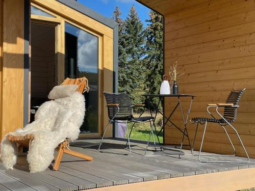 a teddy bear sitting on a chair on a porch at 302 Charmantes naturnahes Tiny House- das Herman in Bleckede