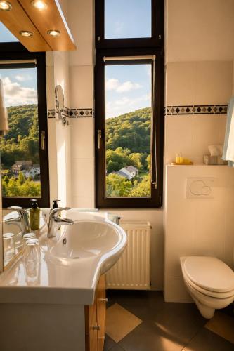 a bathroom with a sink and a toilet and two windows at WELLNESS Hotel UHLENBERG in Bad Münstereifel