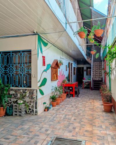 a patio with a table and potted plants at Casa Liz in Managua