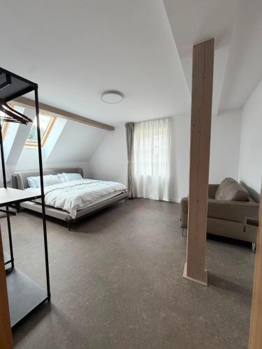 a bedroom with a bed and a couch in it at Apartmány Vysoké in Vysoké nad Jizerou