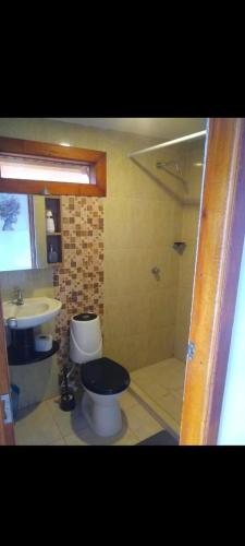 a bathroom with a toilet and a shower and a sink at Casa Tolosa Tayrona, Los Cocos in La Poza