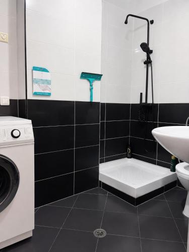 a bathroom with a sink and a washing machine at Cozy Apartment Astiri in Tirana