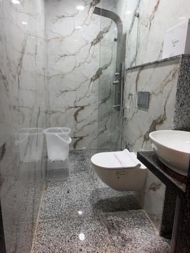 a bathroom with a toilet and a sink at Hotel Omkara View Palace in Godarpura