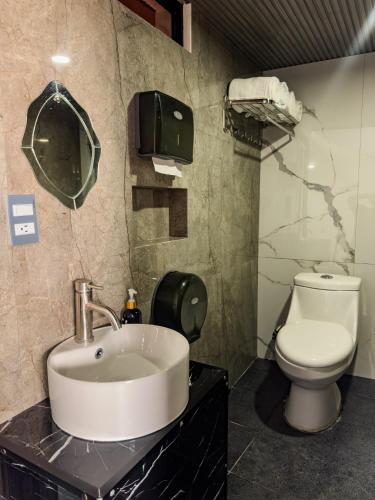 a bathroom with a sink and a toilet at Suites de Luxe en Hotel in Cuetzalán del Progreso