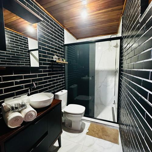 a bathroom with a toilet and a sink and a shower at Chalé Brisa Verde in Rio dos Cedros