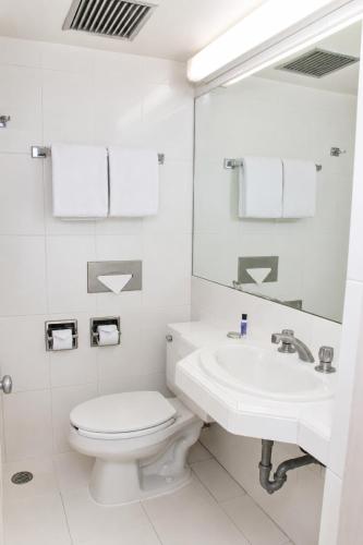モンテレイにあるHotel Son- Mar Monterrey Centroのトイレと洗面台のある白いバスルーム